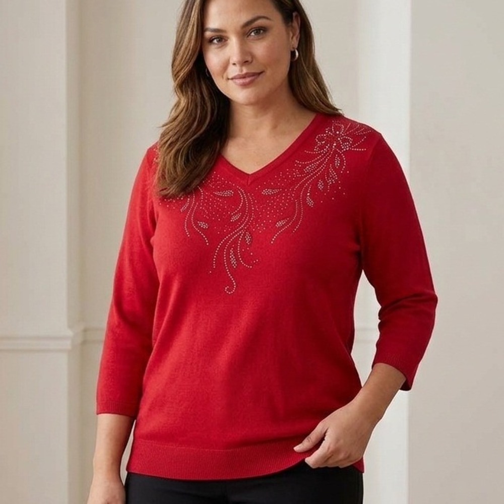 Cathy Daniels Sweater Womens L Red 3/4 Sleeve Rhinestone Holiday Party Office
